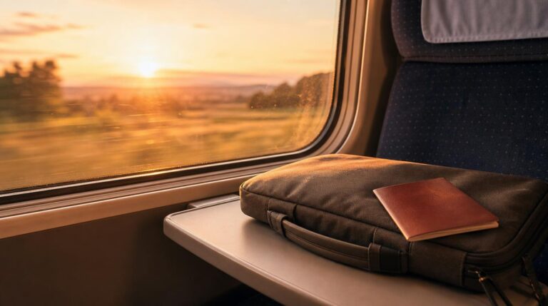 A window-seat view on a train, a laptop bag and passport resting on the fold-down tray table, soft early morning light coming