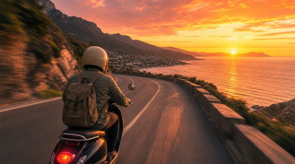 Adventurous action shot from behind of a traveler on a scooter winding along a coastal road at sunset, helmet on, small daypack