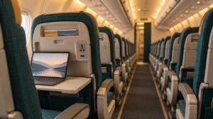 An economy airplane cabin aisle empty seen from a slight side angle rows of seat