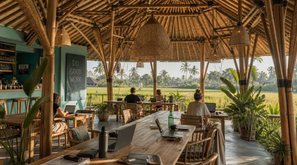 An open-air coworking pavilion in Canggu with bamboo structure, laptops on long communal tables