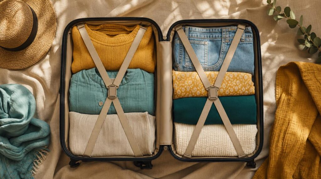 An overhead flat-lay of an open suitcase showing neatly compressed folded clothing secured with straps,