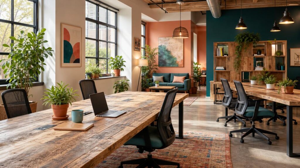 Bright interior of a coworking space with reclaimed wood tables, potted plants, large windows, coral and teal decor accents