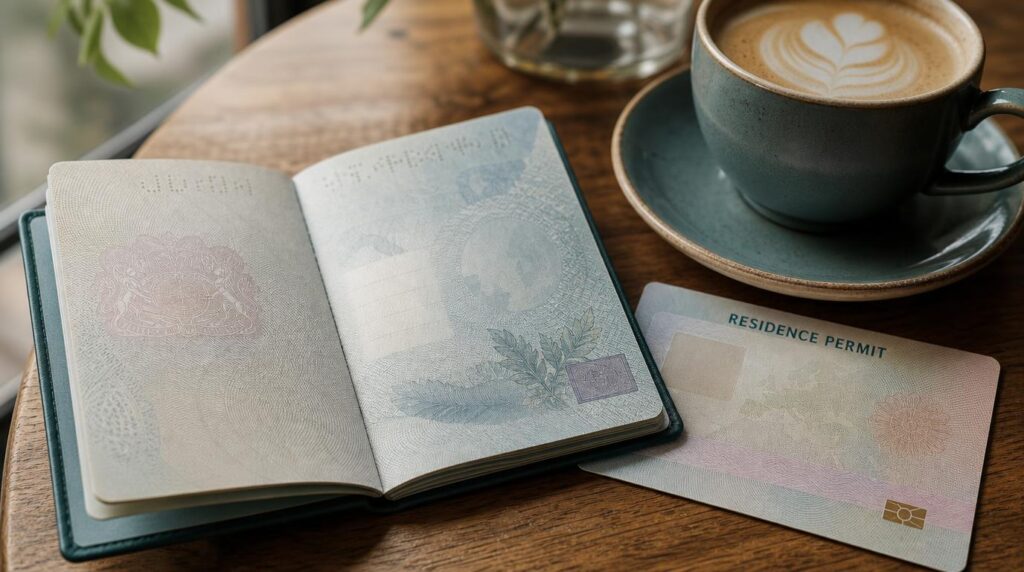 Close detail shot of a passport open on a wooden cafe table next to a residence permit document and a cup of coffee,