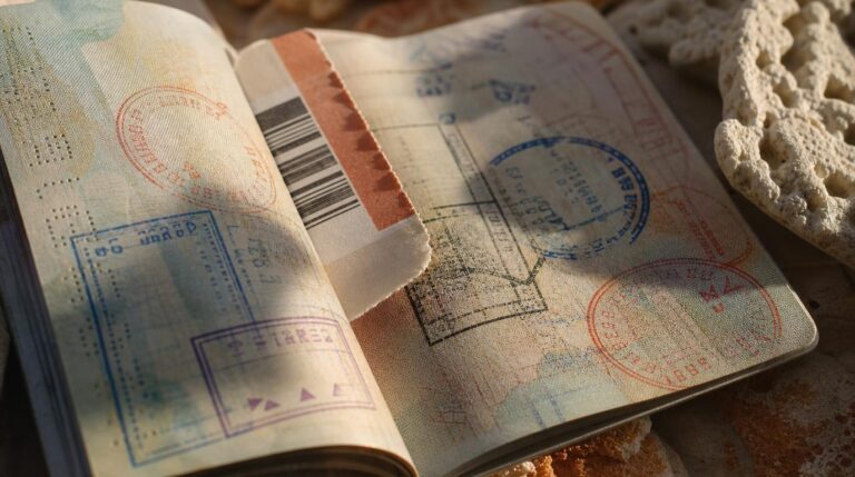 Close, textural macro shot of a passport page filled with colorful visa stamps and a boarding pass tucked between the pages