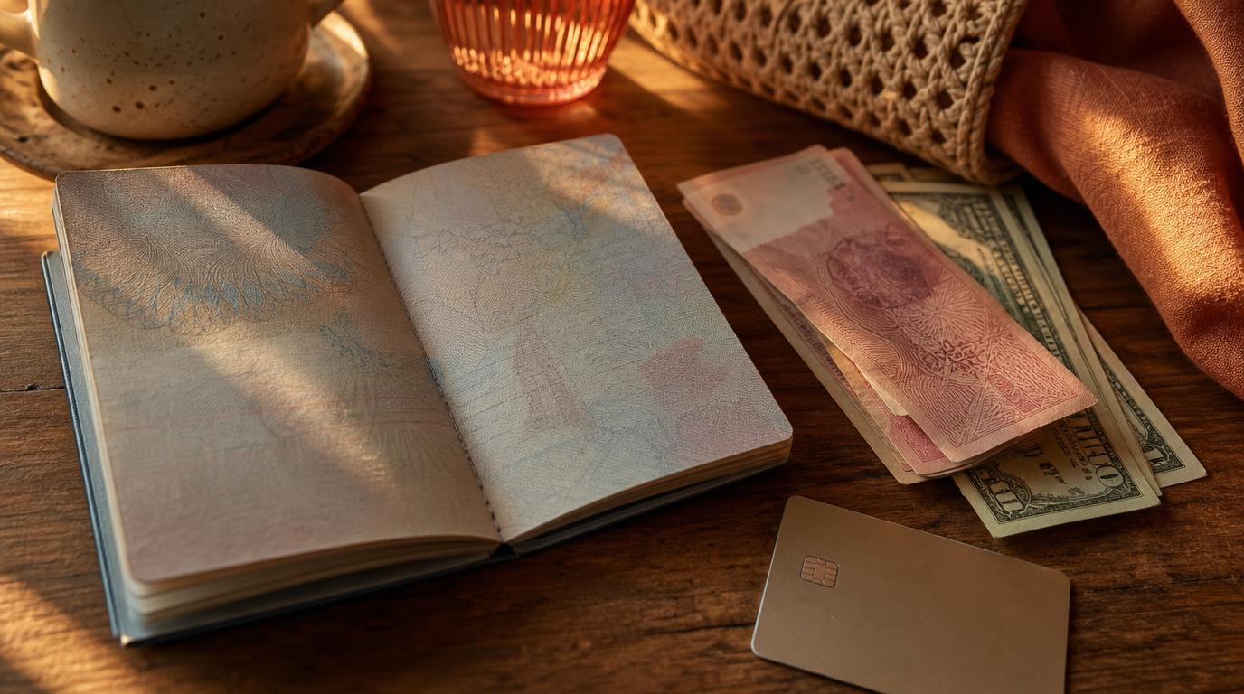 Close, textural overhead shot of an open passport resting on a wooden cafe table beside a small stack of banknotes