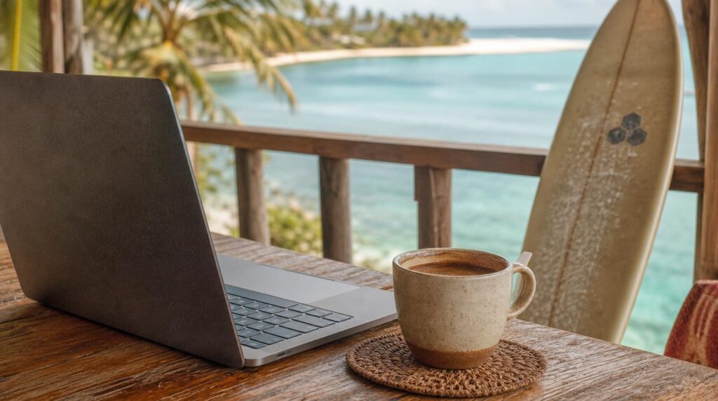 Close textural shot of a laptop and a coffee cup on a wooden table on an open-air balcony overlooking a lagoon