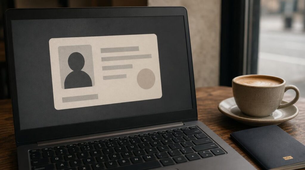 Close, textural shot of a laptop screen showing a simple digital ID card graphic on a wooden cafe table, a passport