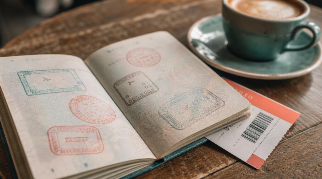 Close, textural shot of a passport open to a page with entry stamps and a boarding pass tucked inside