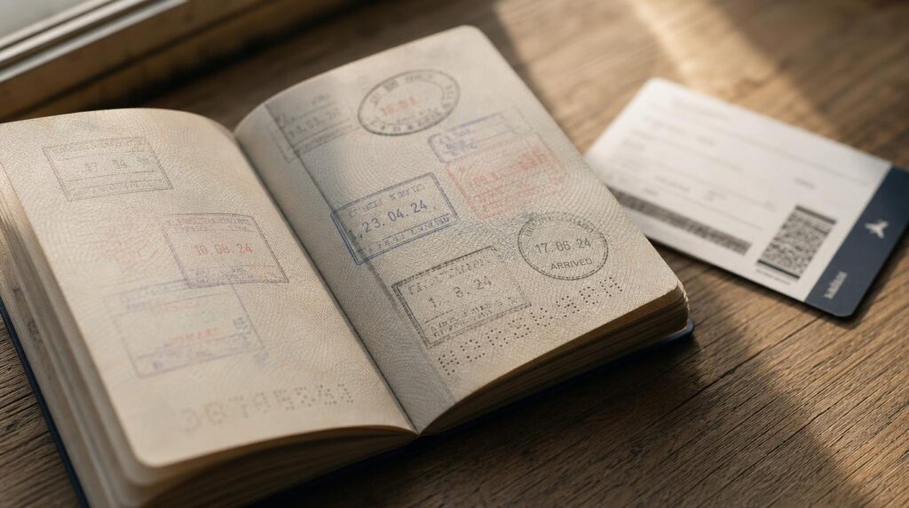 Close, textural shot of a passport open to a visa stamp page resting on a wooden desk beside a boarding pass