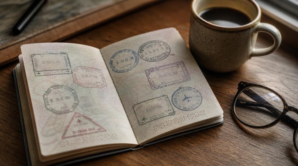 Close, textural shot of a passport open to a visa stamp page resting on a wooden desk beside a cup of coffee