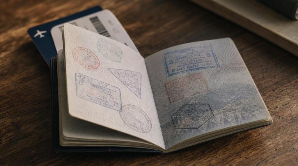 Close, textural shot of a passport open to a visa stamp page resting on a wooden table with a boarding pass tucked inside