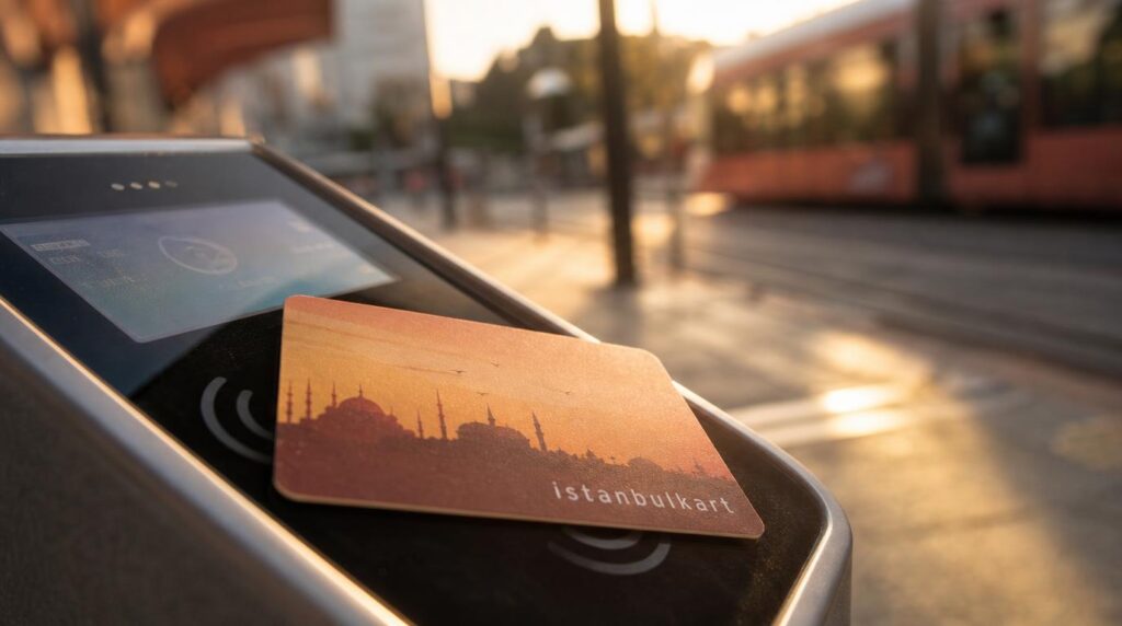Close, textural shot of an Istanbulkart transit card tapping a turnstile reader, warm afternoon light, coral and golden yellow