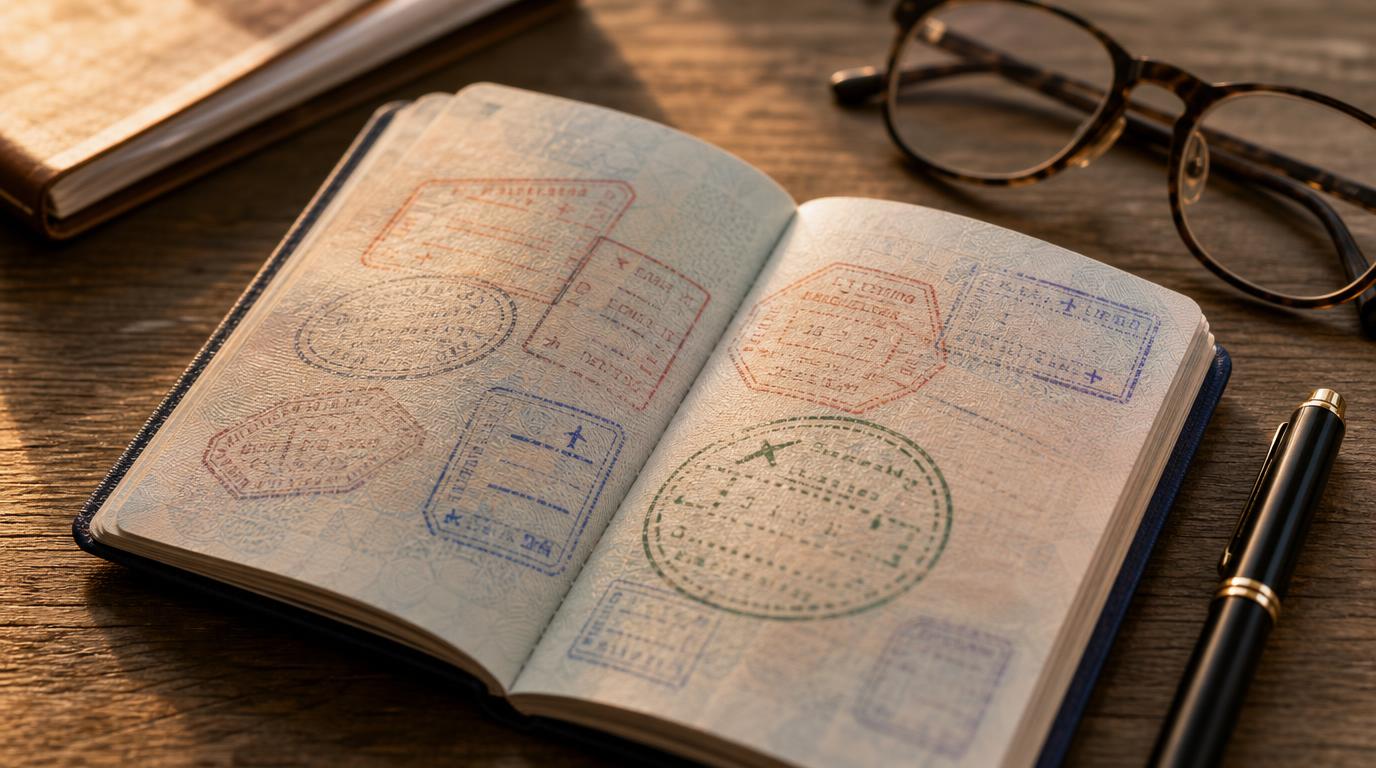 Close, textural shot of an open passport resting on a wooden desk, several colorful visa and entry stamps visible across