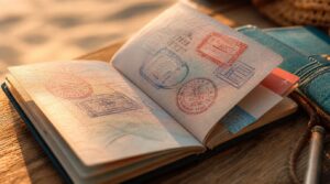 Close, textural shot of an open passport resting on a wooden table, several colorful visa stamps and a boarding pass tucked