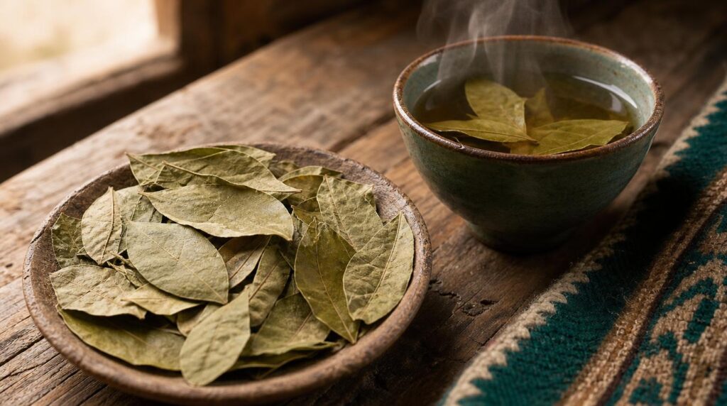 Close, textural shot of dried coca leaves and a steaming cup of coca tea on a rustic wooden table, soft warm window light,