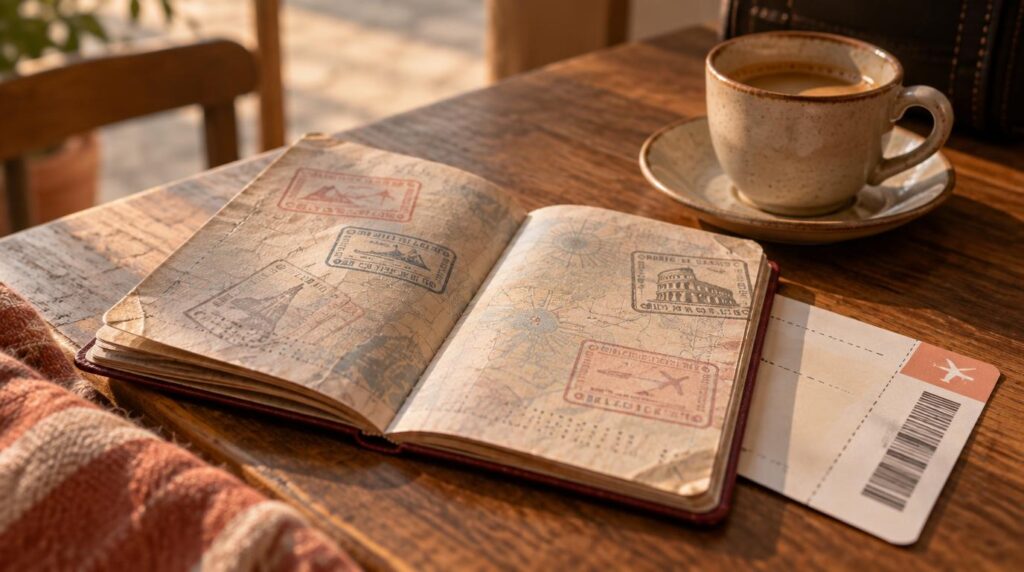 Close-up detail shot of a well-worn passport lying open on a wooden cafe table