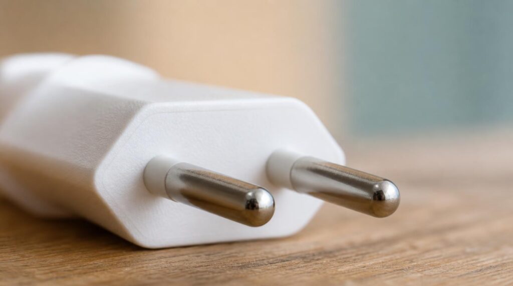 Close-up macro shot of a Type C/E/F plug's two round pins
