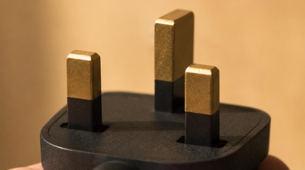 Close-up macro shot of a Type G plug's three rectangular pins in their triangular arrangement