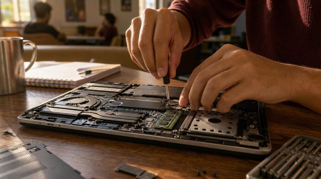 Close-up of hands using a small screwdriver on an open laptop chassis at a hostel common table, warm afternoon light