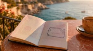 Close-up shot of a passport open to a page with an entry stamp, resting on a small outdoor café table with a sliver of coastline