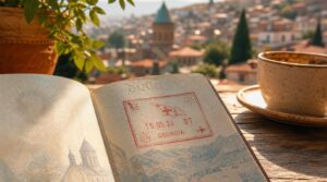 Close-up textural shot of a passport open to a page with a Georgian entry stamp, resting on a wooden cafe table with soft