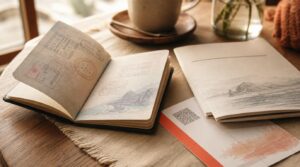 Close, warm-lit detail shot of a passport open on a wooden cafe table next to a folded insurance policy document