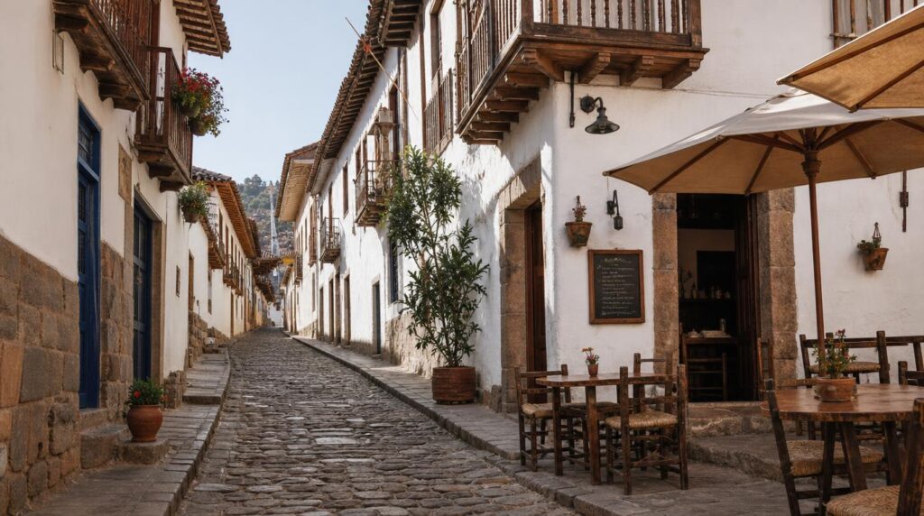 Cobblestone street in the San Blas neighborhood, whitewashed colonial buildings with wooden balconies