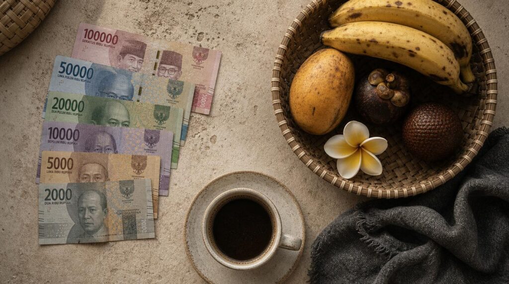 Indonesian rupiah notes next to a simple woven basket