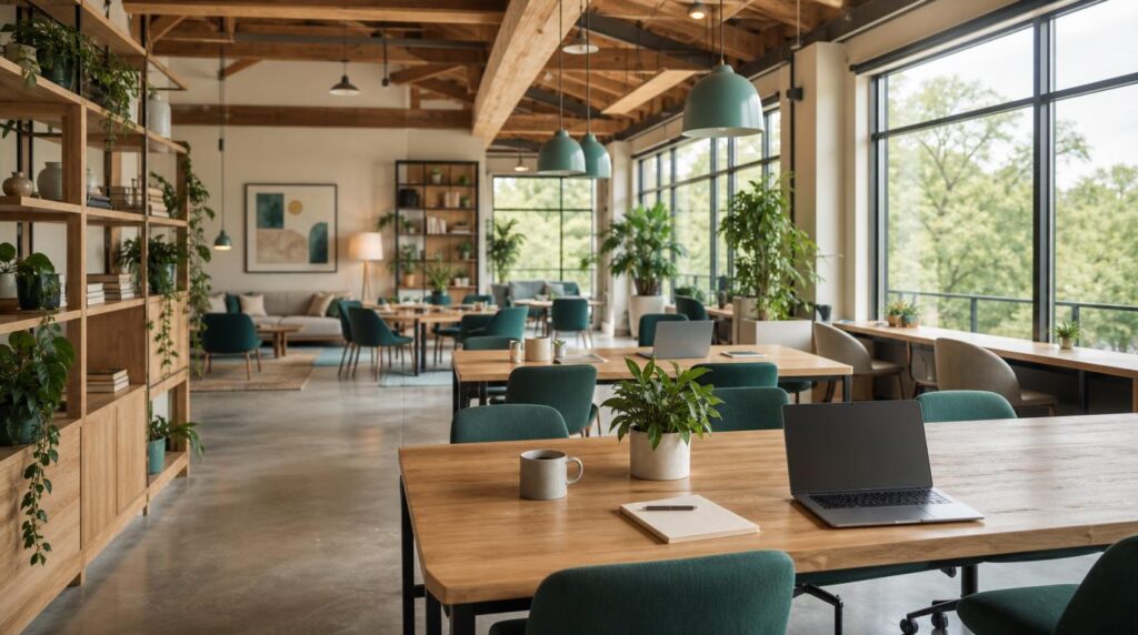 Interior of a bright modern coworking space with large windows overlooking greenery, exposed wood ceiling beams, a few laptops