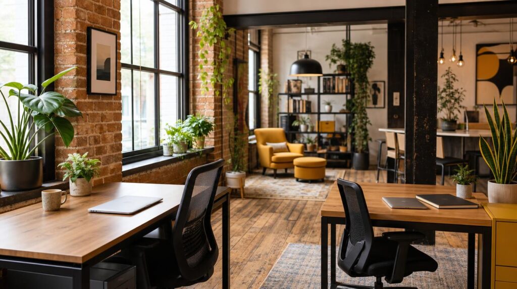 Interior of a bright, plant-filled coworking space with exposed brick and large windows, a couple of empty desks with laptops closed,