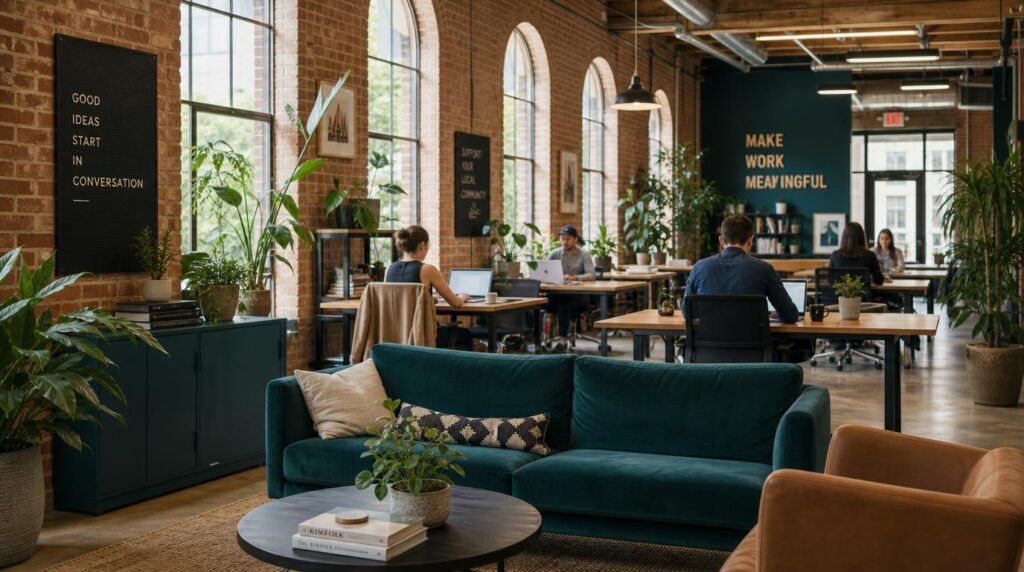 Interior of a bright, plant-filled coworking space with exposed brick walls and large arched windows,