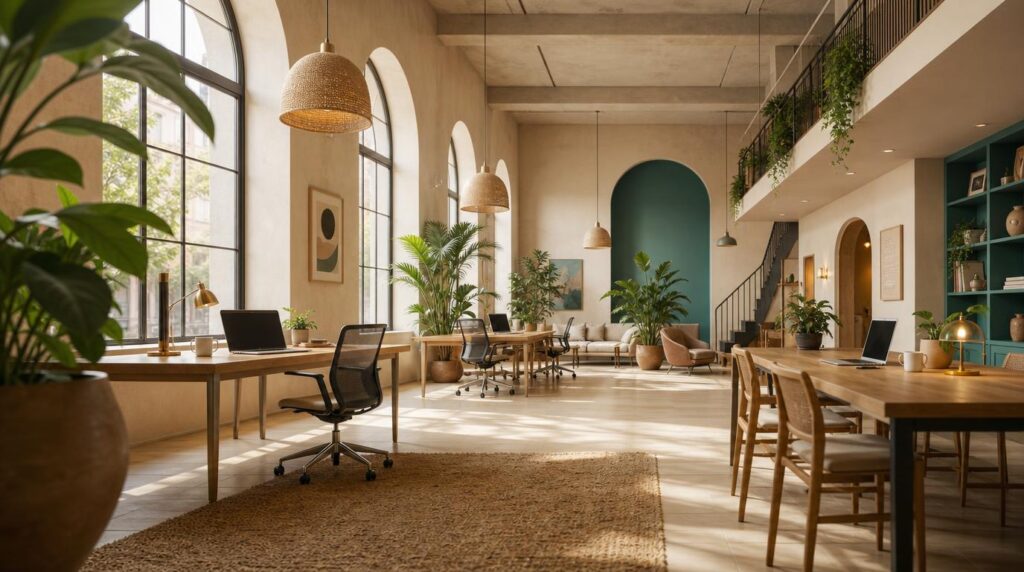 Interior of a bright, plant-filled coworking space with large arched windows, laptops on wooden desks, soft natural light