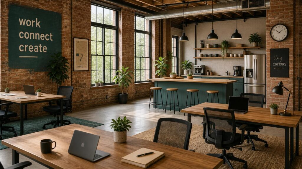 Interior of a converted-warehouse-style coworking space with exposed brick, large windows letting in soft natural light, a few desks with laptops but no people seated, a shared kitchen counter with a coffee pot in the background, warm teal and sand color palette.