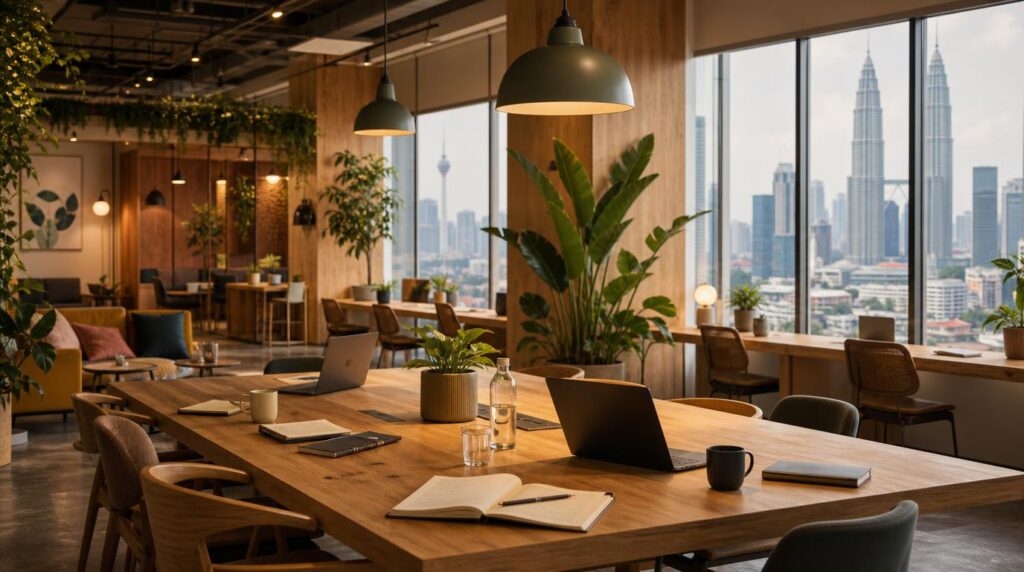 Interior of a modern coworking space in Kuala Lumpur, plants and warm wood tones, a shared table with laptops