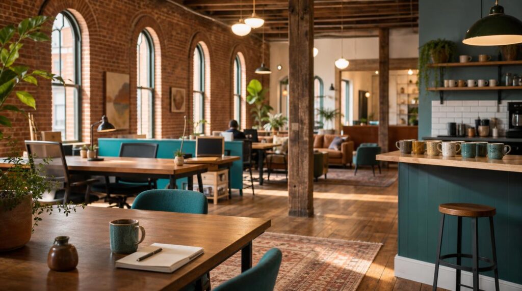 Interior shot of a converted heritage building coworking space with exposed brick, arched windows, wooden desks,