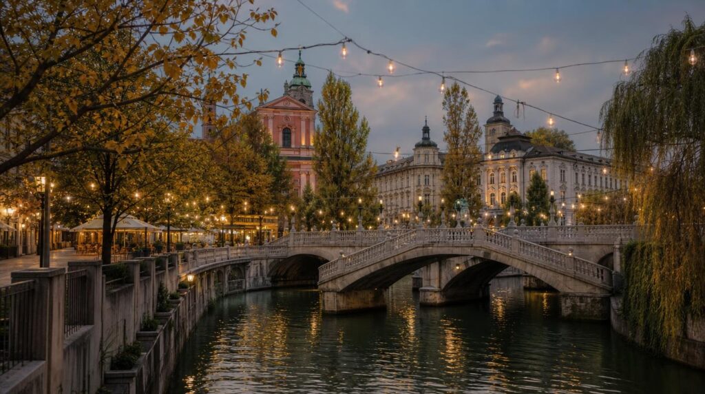 Ljubljana's Triple Bridge and riverside promenade in early autumn, trees just turning gold, string lights overhead