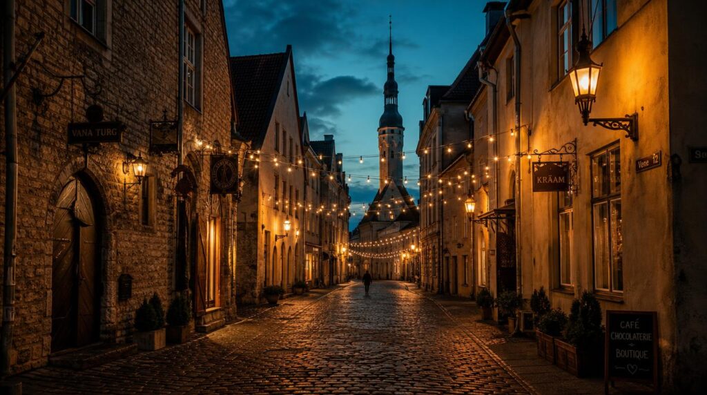 Medieval Tallinn Old Town street at dusk, cobblestones, string lights strung between buildings, a single silhouette walking in the distance