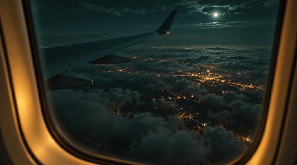 Night view over an airplane wing above a layer of clouds