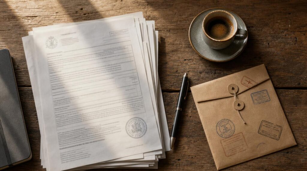 Overhead flat-lay of travel documents in progress a stack of translated papers, a pen