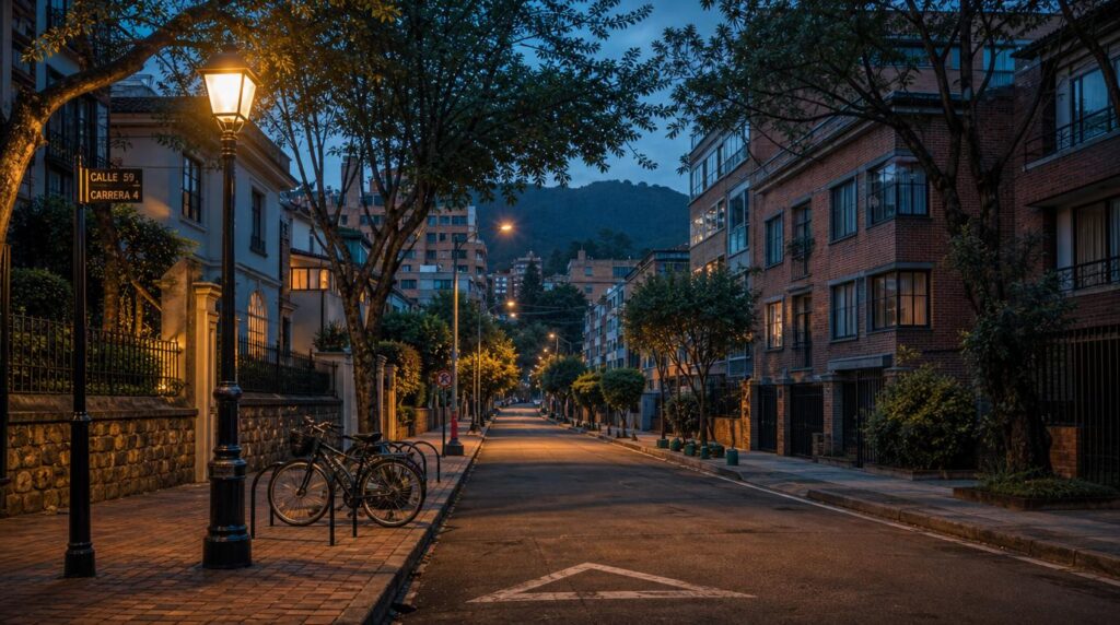 Quiet, well-lit residential street in Chapinero Alto at dusk, warm streetlamps, parked bicycles,