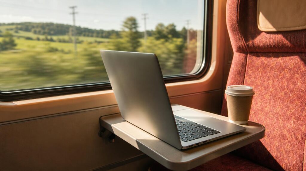 Realistic travel photography shot at eye level from a train aisle seat, slightly elevated three-quarter angle. A slim silver laptop sits