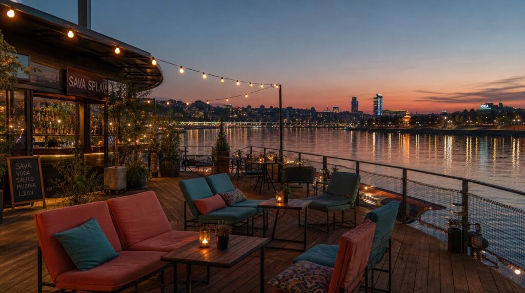 Riverside splav (barge cafe) on the Sava at dusk in early autumn, string lights reflecting on calm