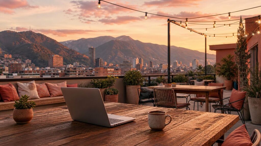Rooftop coworking terrace overlooking Bogotá's mountains, a wooden table with an open laptop and a coffee cup