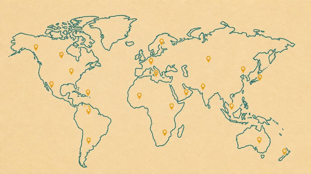 Simple flat-lay illustration style graphic of a world map rendered in deep teal