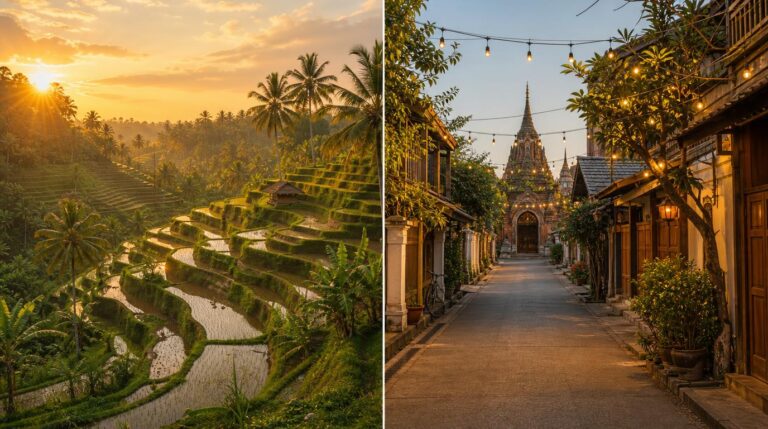 Split-frame composition, left half a rice-terrace landscape near Ubud in golden late-afternoon light, r