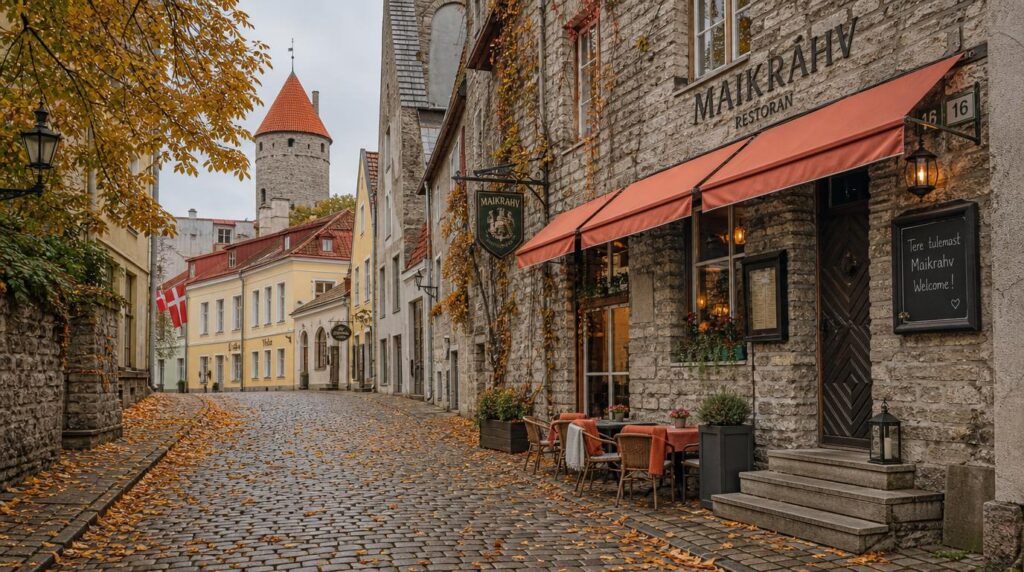 Street-level scene of Tallinn's Old Town cobblestone lanes in early autumn, scattered fallen leaves
