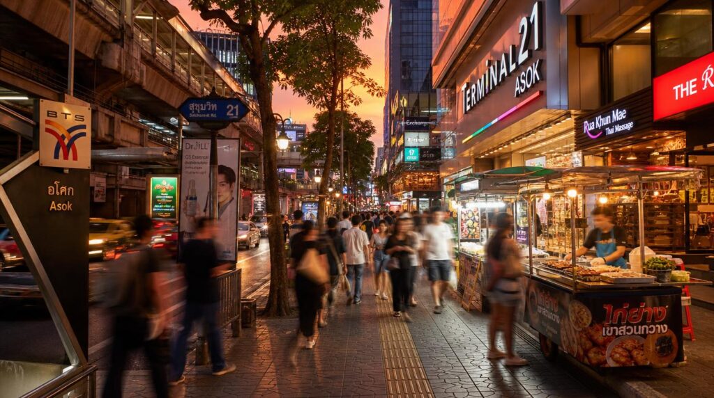 Street-level view of a busy Sukhumvit sidewalk at dusk, BTS Skytrain overhead, glowing shopfront signs