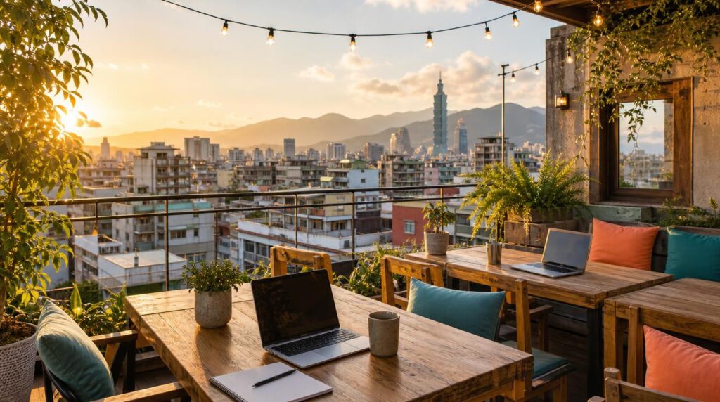 Sunlit rooftop coworking terrace in Taipei with a couple of open laptops on wooden tables,