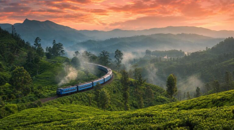 The blue Sri Lankan train winding through a misty tea plantation near Ella, seen from a distance on a hillside curve.