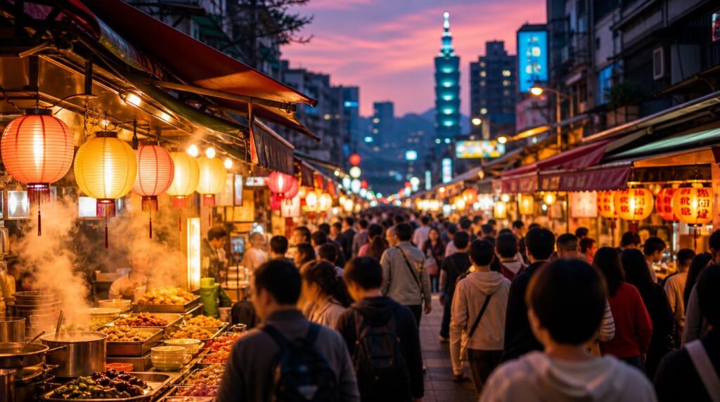 Vibrant Taipei night market at dusk, glowing food stall lanterns in coral and golden hues, steam rising from food carts,